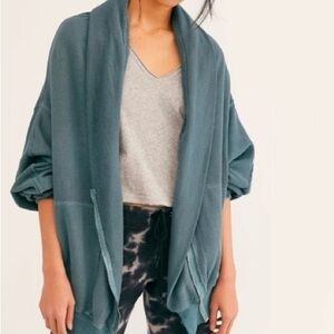 Free people X We The Free Open-Front Draped Cardigan in Teal Blue